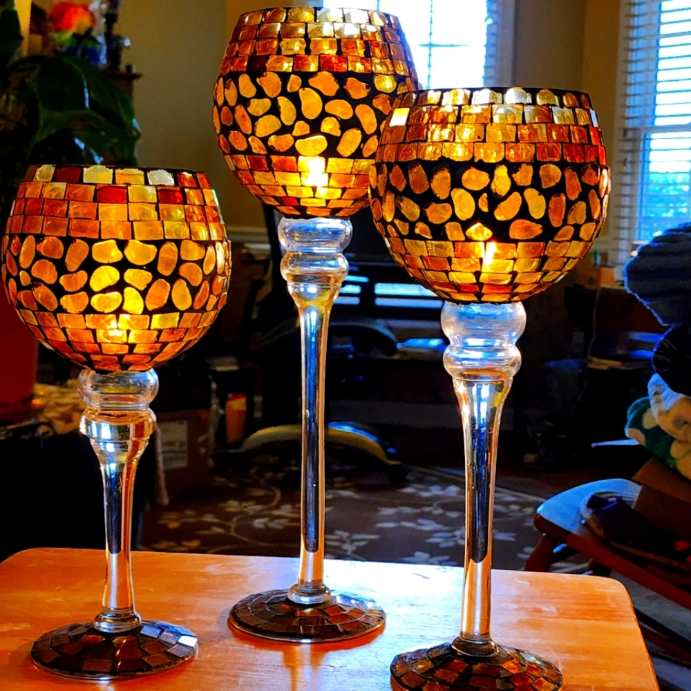 Mosaic Glass Candle Holders - Gold and Brown, 10 Inch, 12 Inch and 14 Inches